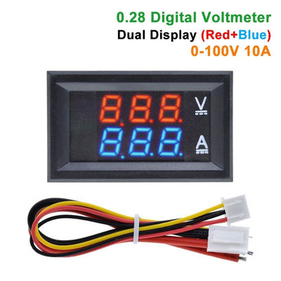 DC 0-100V 10A دیجیتال ولت آمپر متر Ac 0.28 اینچ قرمز آبی درایو آی سی
