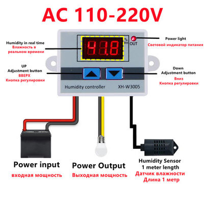 XH-W3005 DC 12V-220V 10A کنترلر رطوبت دیجیتال 0-99 سیستم مانیتورینگ محدوده RH