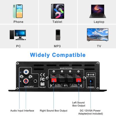 AK-380 تقویت کننده قدرت 400W با بلوتوث 5.0 و 2.0 CH HiFi استریو برای صوتی خانگی