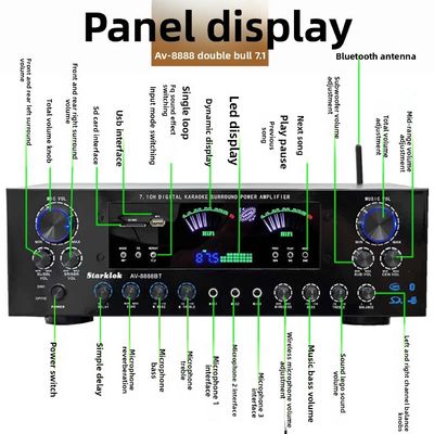 AV-8888BT حرفه ای 7.1 کانال 2000W تقویت کننده تئاتر خانگی Ultra-High Power BT بی سیم خانه KTV سیستم صدا اطراف