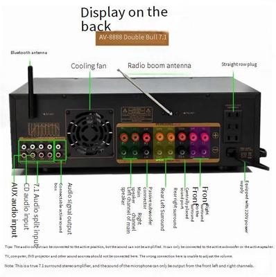 AV-8888BT حرفه ای 7.1 کانال 2000W تقویت کننده تئاتر خانگی Ultra-High Power BT بی سیم خانه KTV سیستم صدا اطراف