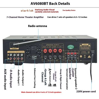 AV-6080BT 1000W 7 کانال تقویت کننده مقاومت ثابت خانه ماشین گیرنده های فلزی USB فلش کارت SD BT پلیر بی سیم جهانی