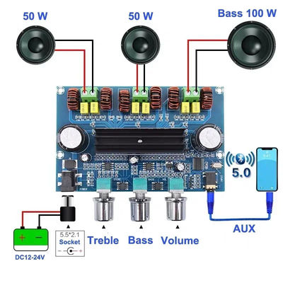 CA-3166B بلوتوث 5.0 برد تقویت کننده 2 * 50W + 100W 2.1 کانال TPA3116D2 با منبع برق DC12 ~ 24V